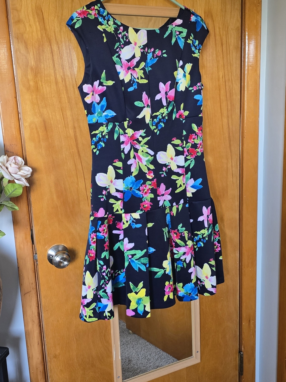 Chaps Navy Blue Tropical Floral Fit and Flare Scuba Dress   Size 10